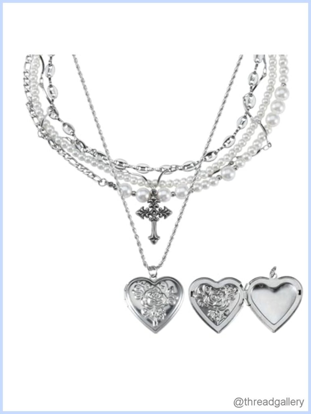 Gothic Cross Rose Imitation Pearl Bead Pendant Necklace Titanium Steel